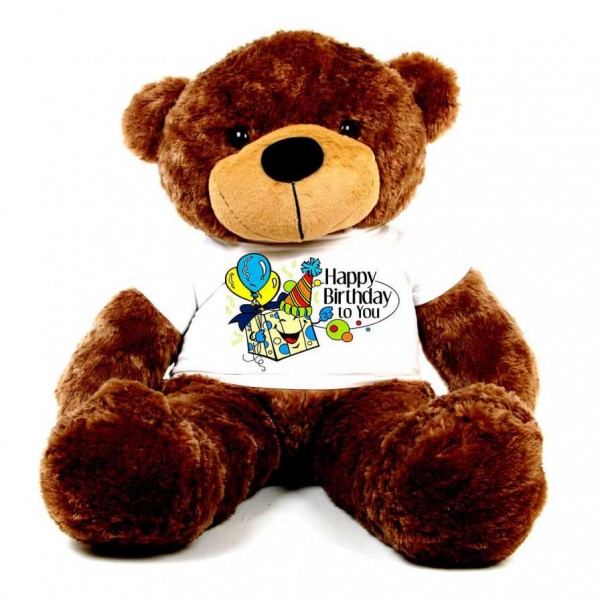 Brown 5 feet Big Teddy Bear wearing a colorful Happy Birthday To You T-shirt